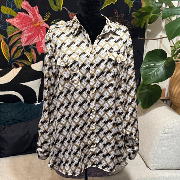 JONES NEW YORK Signature Button-Down Pointed Collar Blouse, Geometric Multi, L - Picture 6 of 16